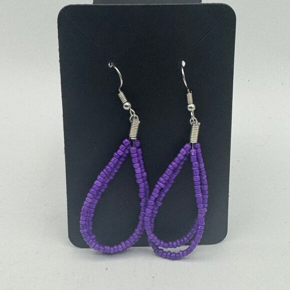 Beaded Teardrop Dangling Earrings Purple Silver Hook Lightweight Handmade Design - Picture 1 of 3